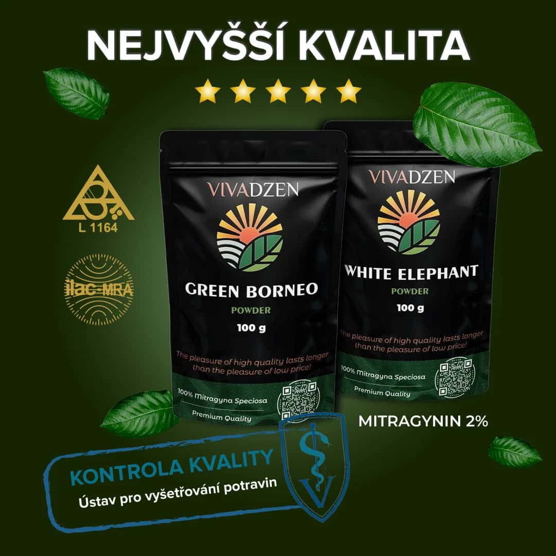 Výsledky testů odrůd Bílý slon a Zelené Borneo: nejsilnější odrůdy obsahující 2 % mitragyninu